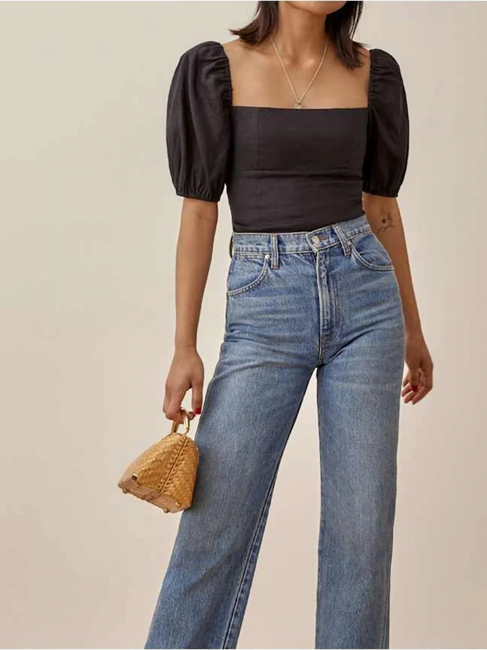 Reformation Arancini Black 100% Linen Square Neck Puff Sleeve Blouse Top Size 8